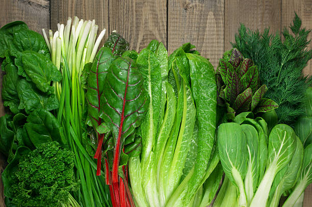 Various leafy vegetables Spring vitamin set of various green leafy vegetables on rustic wooden table. Top view point. spring mix lettuce leaves stock pictures, royalty-free photos & images