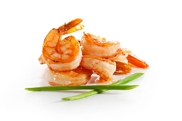Shrimps Shrimps with Onions Isolated over White shrimp seafood photos stock pictures, royalty-free photos & images