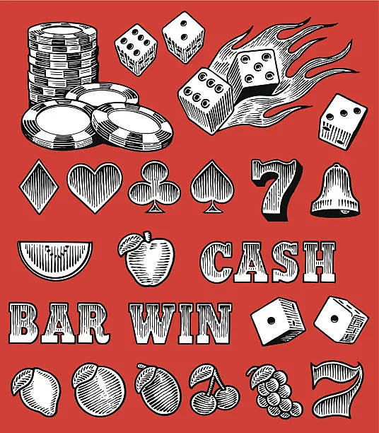 Vector illustration of Gambling Items - Game Pieces, Dice, Slot Machine