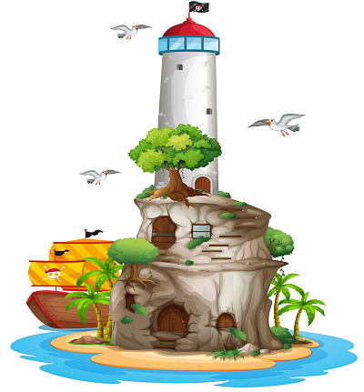 Illustration of a lighthouse on an island