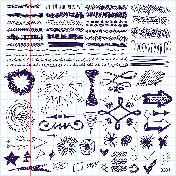 bazgroły zestaw uderzeń ręcznie rysowane, korekta tekstu i podkreślanie. - frame human hand sketching doodle stock illustrations