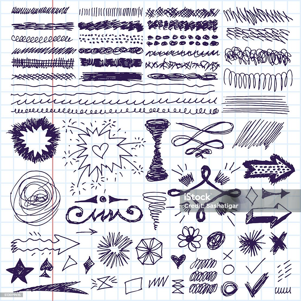 Doodle set of hand drawn strokes, text correction and highlighting. Doodle set of hand drawn strokes, text correction and highlighting. Vector illustration. School notebook. Pen stock vector