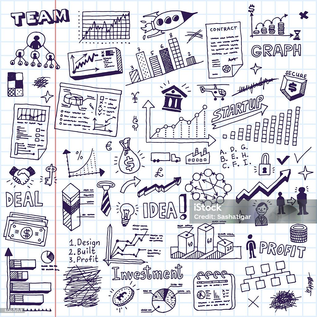 Business startup doodle sketch concept set 2. Business startup doodle sketch concept set 2. Hand drawn vector illustration. School notebook. Drawing - Activity stock vector