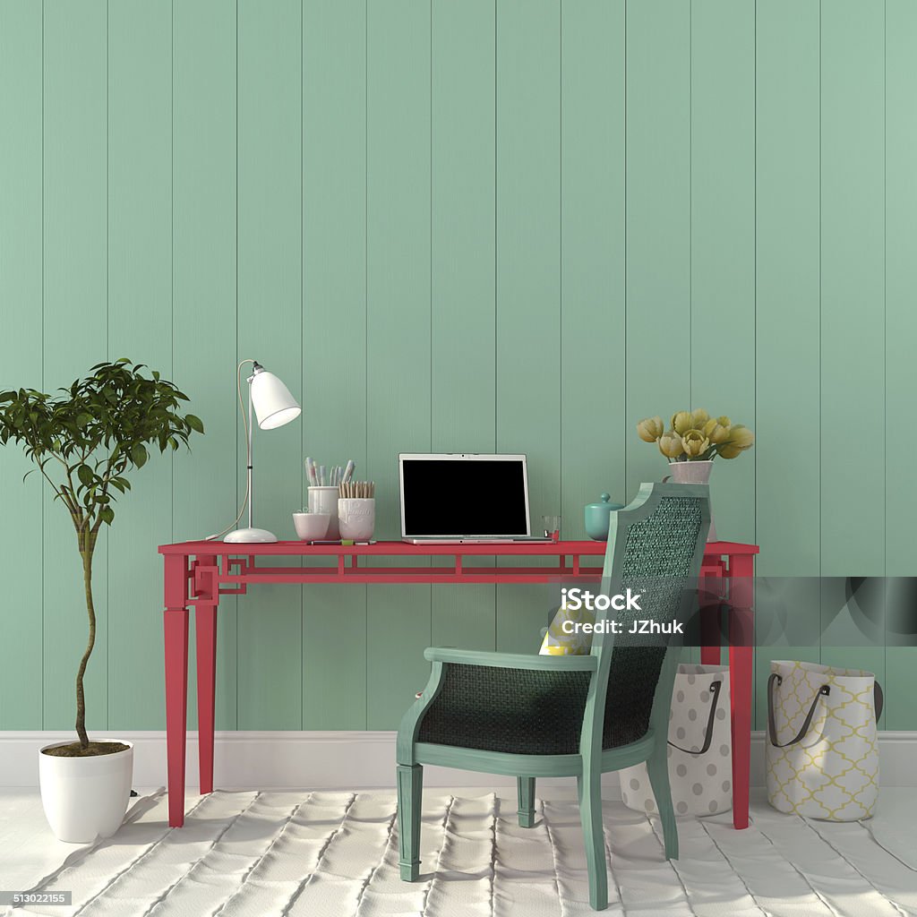 Colorful interior of  home office Interior of a home office of a pink desk and a turquoise chair Green Color Stock Photo