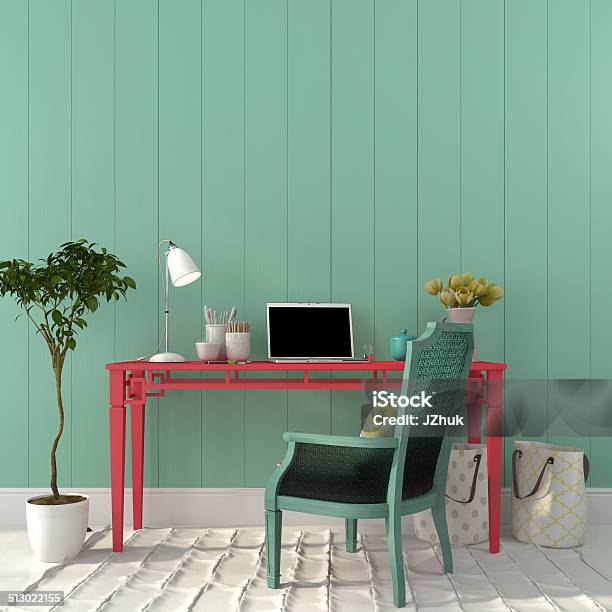 Colorful Interior Of Home Office Stock Photo - Download Image Now - Green Color, Red, Turquoise Colored