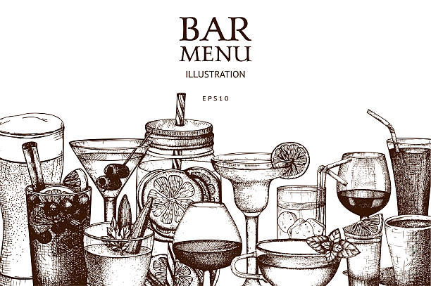 illustrazioni stock, clip art, cartoni animati e icone di tendenza di schizzo sfondo vintage bevande. - vector alcohol cocktail highball glass