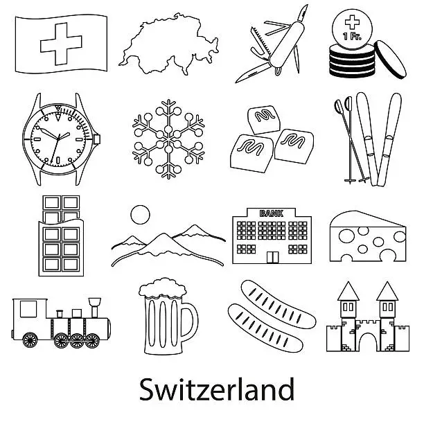 Vector illustration of Switzerland country theme outline symbols icons set eps10