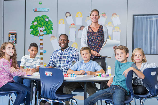 istock Teachers and children in art class at school 513044578