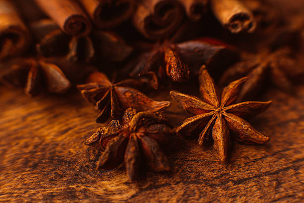 istock Cinnamon sticks with anise star on wooden background 513050110