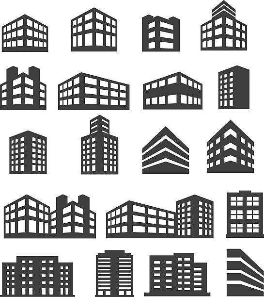 Building Icons Set Building Icons Set bank financial building silhouettes stock illustrations