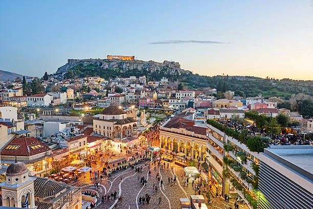 city of athens and acropolis by evening - athens stockfoto's en -beelden