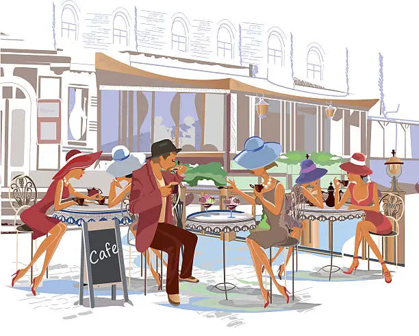 Vector illustration of Fashion people sitting and drinking in the street cafe