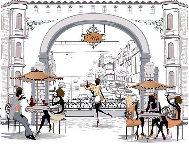 ulicznych kawiarni na starym mieście z ludzi. - eating silhouette men people stock illustrations