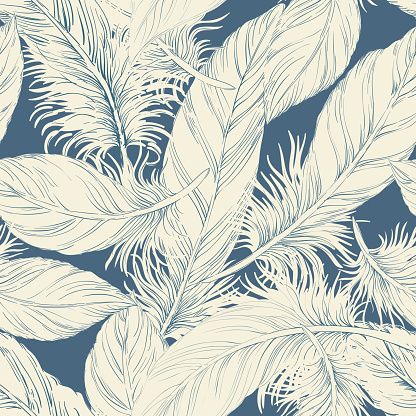 Hand drawn feathers seamlessly repeating wallpaper pattern. Great for fabric and drapery prints.