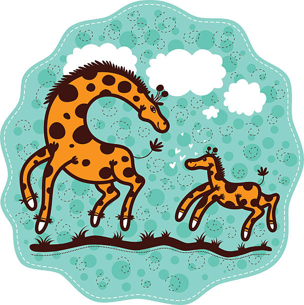 Mom giraffe and her calf vector art illustration
