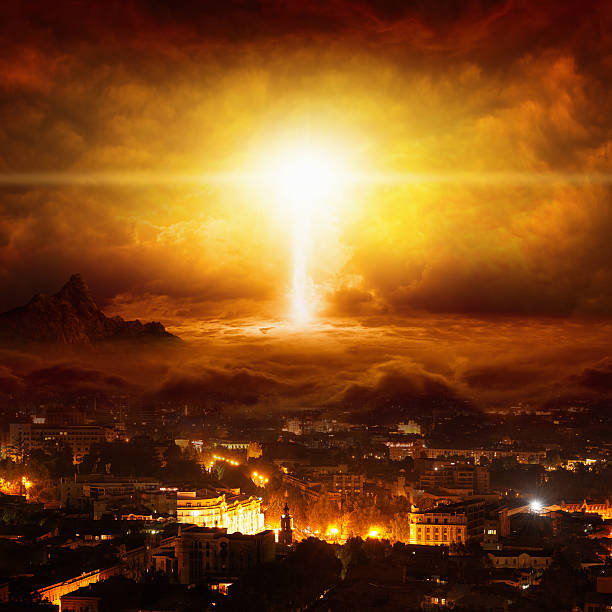 End of world Apocalyptic religious background - huge powerful lightning hits city, judgment day, end of world, red glowing skies apocalypse stock pictures, royalty-free photos & images