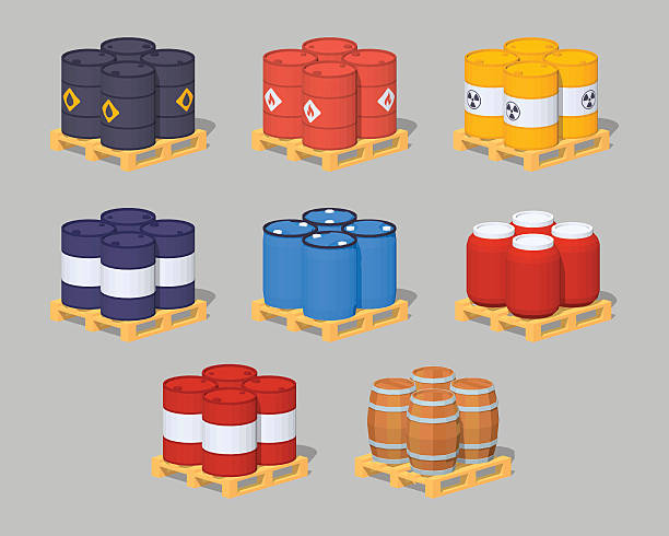 Barrels on the pallets Set of the metal, plastic and wooden barrels on the pallets. 3D lowpoly isometric vector illustration. The set of objects isolated against the grey background drum container stock illustrations