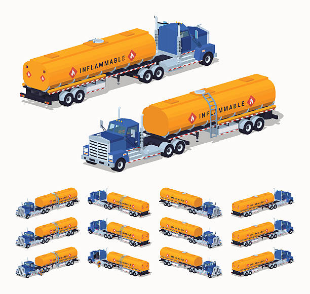 niebieski samochód ciężarowy ze zbiornikiem paliwa pomarańczowy - fuel tanker truck storage tank isometric stock illustrations