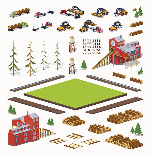 illustrazioni stock, clip art, cartoni animati e icone di tendenza di legname costruzione impostare mulino - lumber industry forest tree pine