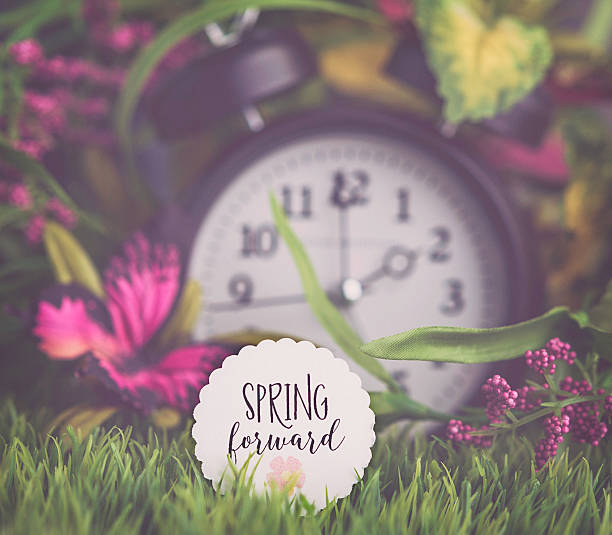 istock Clock in grass with spring foliage. Daylight Savings Time reminder 513058574