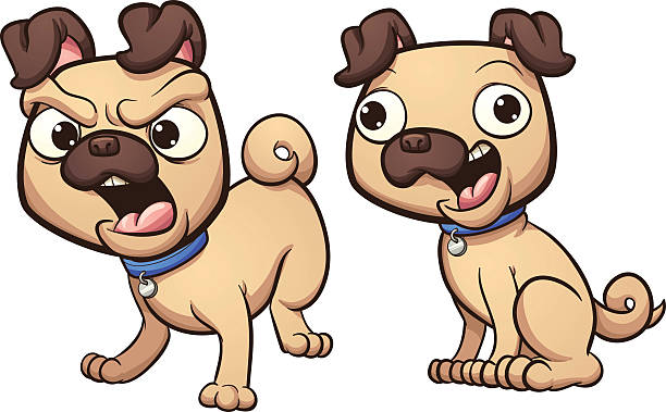 Angry and happy pug Barking and happy pug dog. Vector clip art illustration with simple gradients. Heads an bodies on separate layer. angry dog barking cartoon stock illustrations