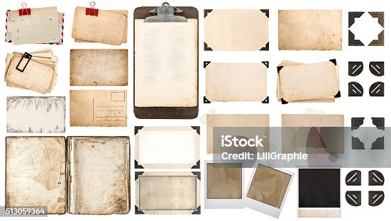 istock Paper sheets, book, old photo frames corners, clipboard 513059364