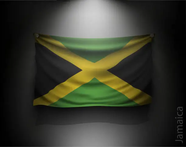 Vector illustration of waving flag jamaica on a dark wall