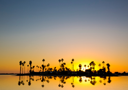 Silhouette of Mission Bay, San Diego. Tropical Sunset with palm trees and reflection in the water.