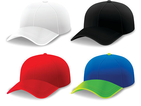 Curved brim cap and hats in white, black, red and blue green colors. EPS 10 file. Transparency effects used on highlight elements.