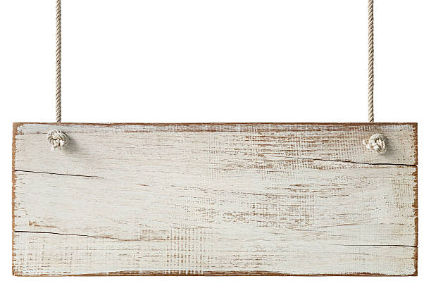 Old weathered white wood signboard. Old weathered white wood signboard, hanging by old rope, isolated on white, clipping path included. hanging signboard stock pictures, royalty-free photos & images