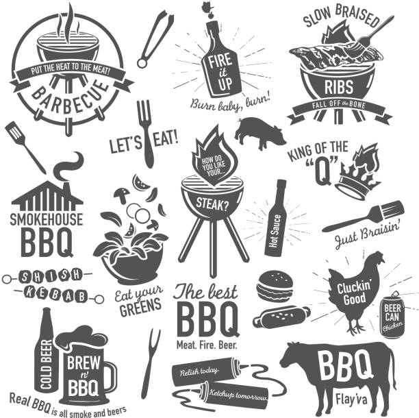 illustrazioni stock, clip art, cartoni animati e icone di tendenza di barbecue gruppo di icone a tema etichette con frasi o modi di dire - tabasco sauce