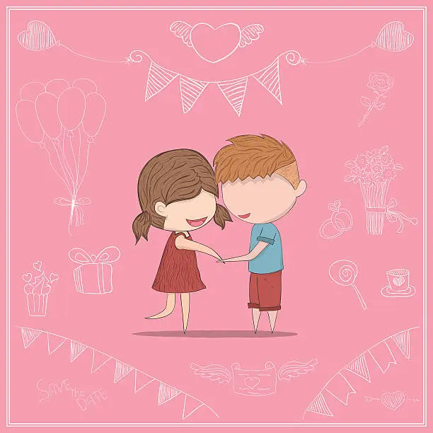 Vector illustration of Cute cartoon doodle lovers a boy and a girl clasp