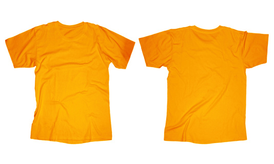 Wrinkled blank orange t-shirt template, front and back design isolated on white