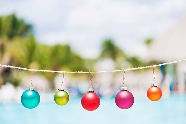 Christmas concept: Christmas baubles hanging at a swimming pool of a tropical resort. 