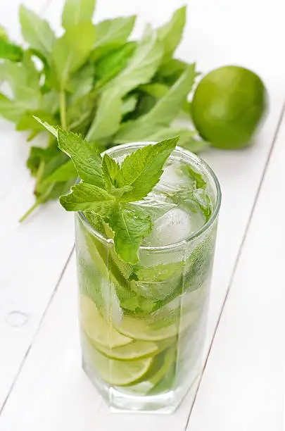 Lemonade with fresh lime and mint in glass, close up view