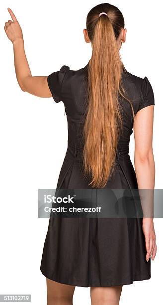 Woman Touching Virtual Button Rear View Stock Photo - Download Image Now - Computer Monitor, Rear View, Touching