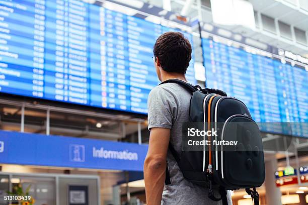Guy Near Airline Schedule Stock Photo - Download Image Now - Airport, Travel, Student