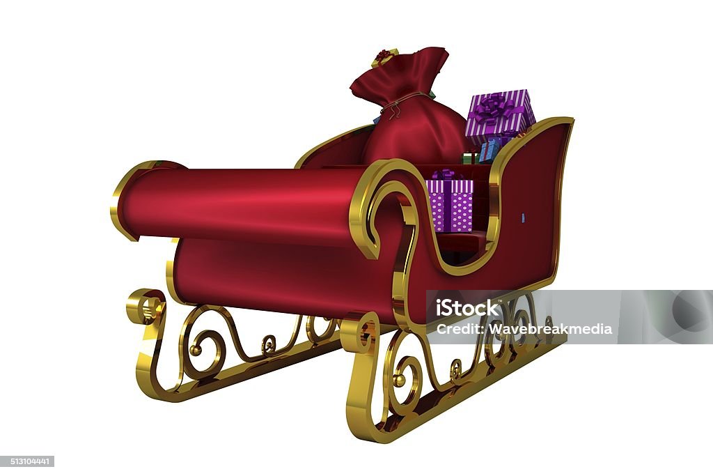 Red and gold santa sleigh Red and gold santa sleigh on white background Animal Sleigh Stock Photo