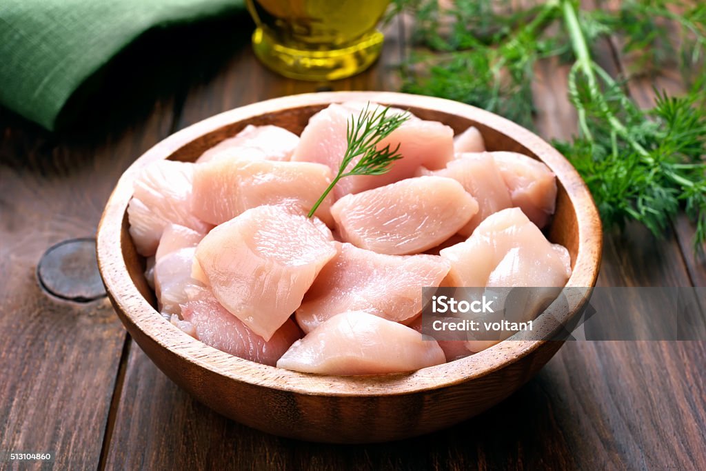 Chicken meat in wooden bowl Chicken - Bird Stock Photo