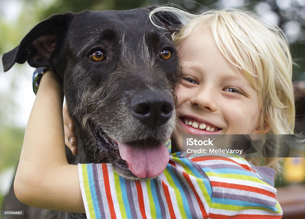 Happy young boy lovingly hugging his pet dog Happy young boy lovingly hugging his pet dog in the park Dog Stock Photo