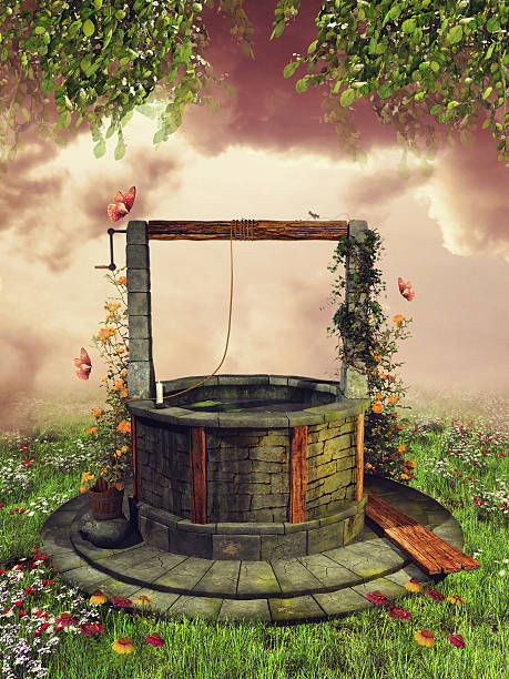 Old wishing well with spring flowers and butterflies on a green meadow. 3D render.