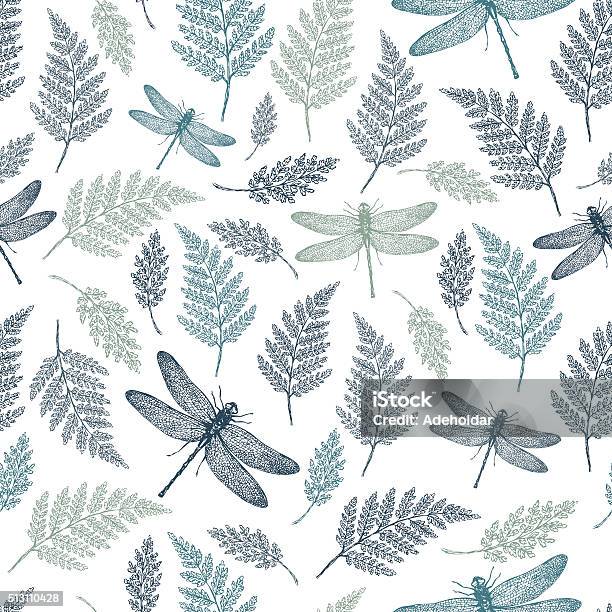 Dragonfly Seamless Pattern Fern Botanical Background Vector Illustration Stock Illustration - Download Image Now