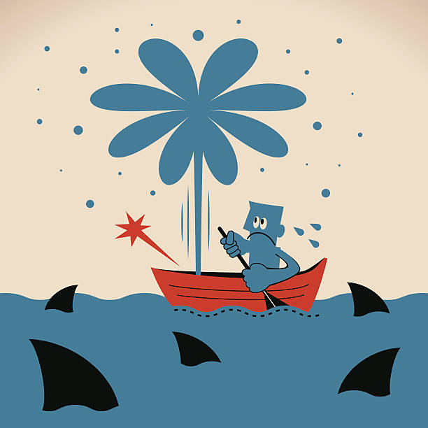 Businessman with oar on leaking boat, surrounded by shark Blue Characters Full Length Vector art illustration.Copy Space. sinking boat stock illustrations
