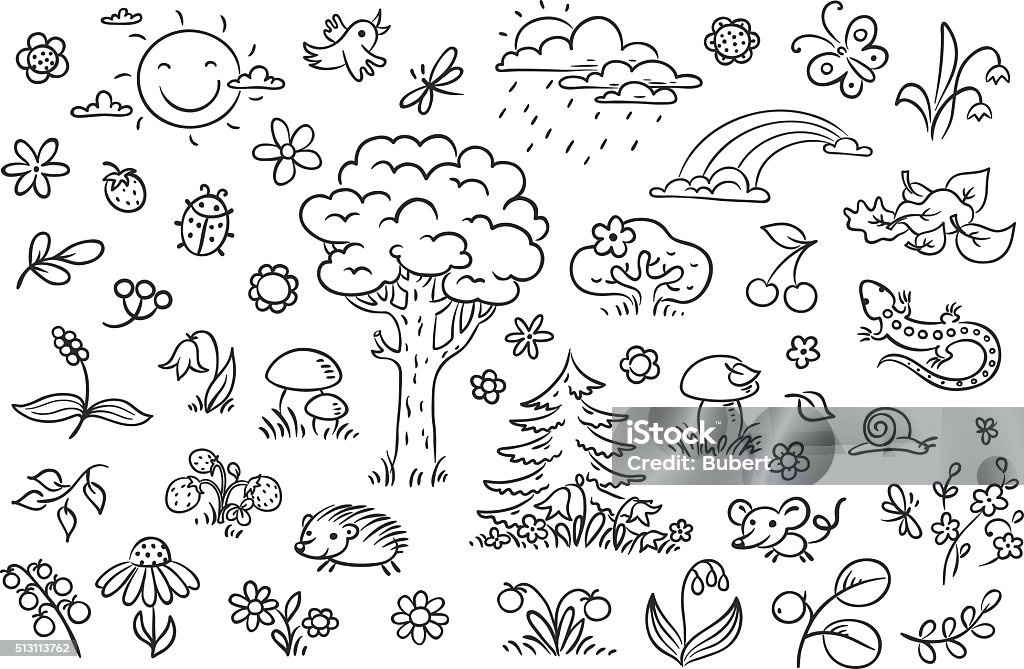 Cartoon nature set, black and white outline Cartoon nature set with trees, flowers, berries and small forest animals, black and white outline Tree stock vector