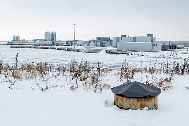 Industrial district on the bay in winter scene