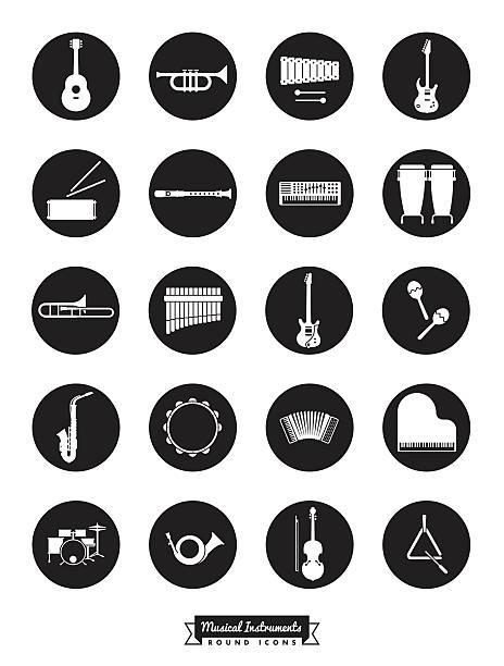 Musical Instruments Round Vector Icon Set Collection Of 20 Musical Instruments Symbols, negative in black circles electric organ stock illustrations