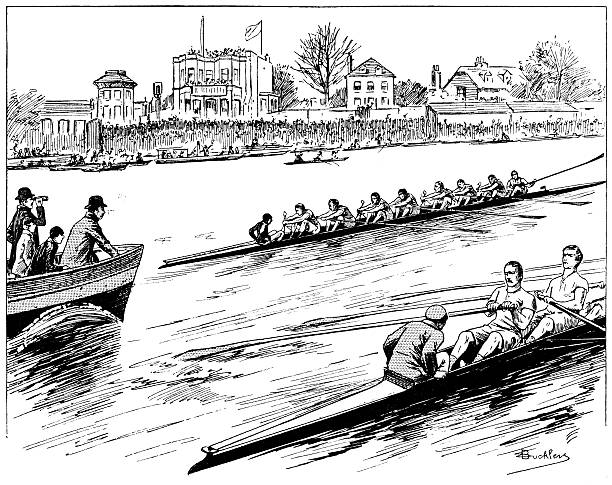 ilustrações de stock, clip art, desenhos animados e ícones de a universidade corrida de barcos no rio tamisa - rowboat sport rowing team sports race