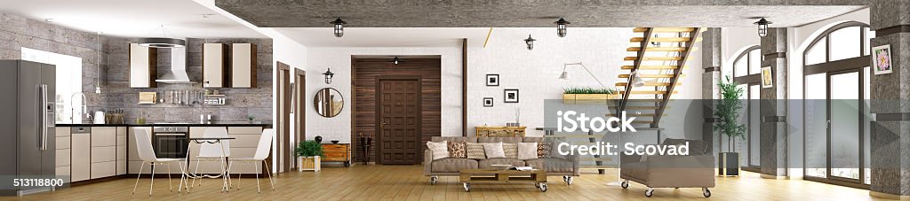 interior do Apartamento moderno panorama 3d render - Foto de stock de Panorâmica royalty-free