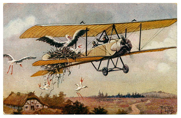 Artist signed postcard by Arthur Thiele, over 100 years old. A two-seater German biplane has picked up a stork's nest from a thatched cottage. Arthur Thiel's humorous postcard pokes fun at the unreliability of the very early flying machines. The invention of the aeroplane by the Wright brothers in 1903 initiated an enormous flurry of activity. In 1909, this report is recorded: 'A New German Biplane – In spite of being inconvenienced by a heavy fall of snow, two German inventors, Herr Amerigo and Herr Thiele, succeeded in getting the biplane they have built at Leipzig to make several long jumps...' Arthur Thiele died in 1915, just after the beginning of the First World War.