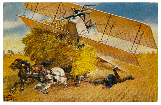 Artist signed postcard by Arthur Thiele, over 100 years old. A two-seater German biplane crashes onto a farm cart causing two carthorses to bolt. Arthur Thiel's humorous postcard pokes fun at the unreliability of the very early flying machines. The invention of the aeroplane by the Wright brothers in 1903 initiated an enormous flurry of activity. In 1909, this report is recorded: 'A New German Biplane – In spite of being inconvenienced by a heavy fall of snow, two German inventors, Herr Amerigo and Herr Thiele, succeeded in getting the biplane they have built at Leipzig to make several long jumps...' Arthur Thiele died in 1915, just after the beginning of the First World War.